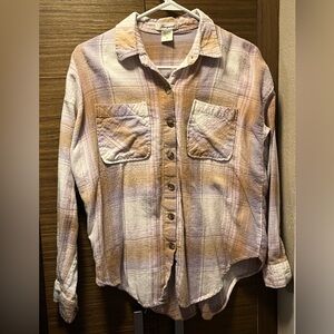 Passport flannel, Size Medium, light brown and purple flannel